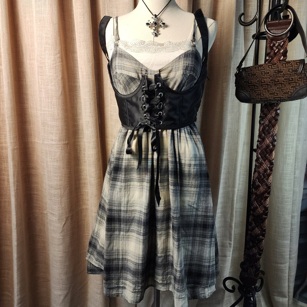 Plaid Mini Dress Grey Cream Black Tartan Empire Waist Sweetheart Grunge Medium